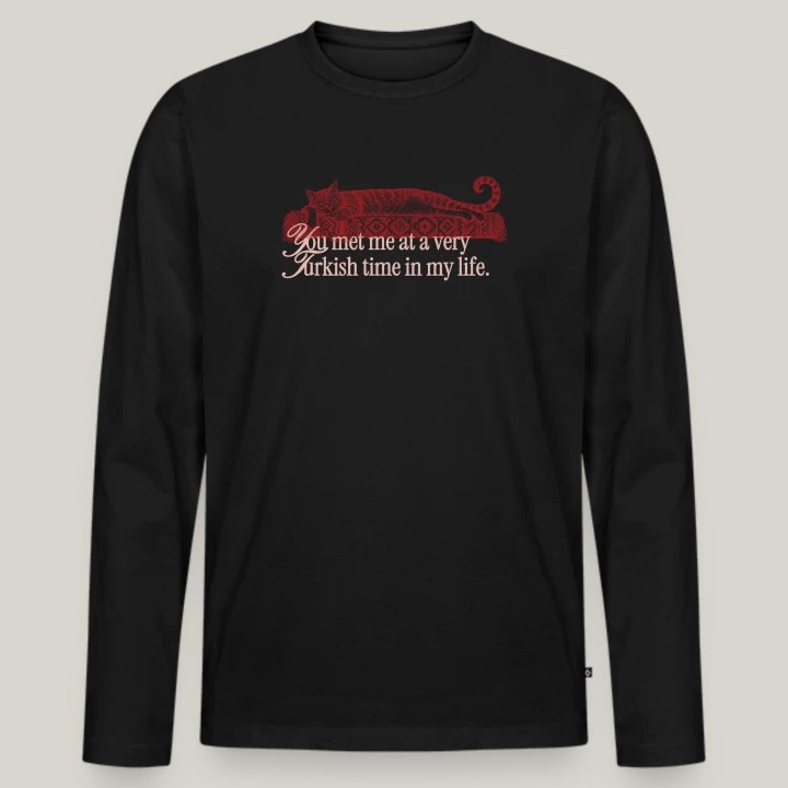 Schwarzes Langarmshirt mit roter Kedi-Katze und Schriftzug, Produktansicht von Spreadshirt