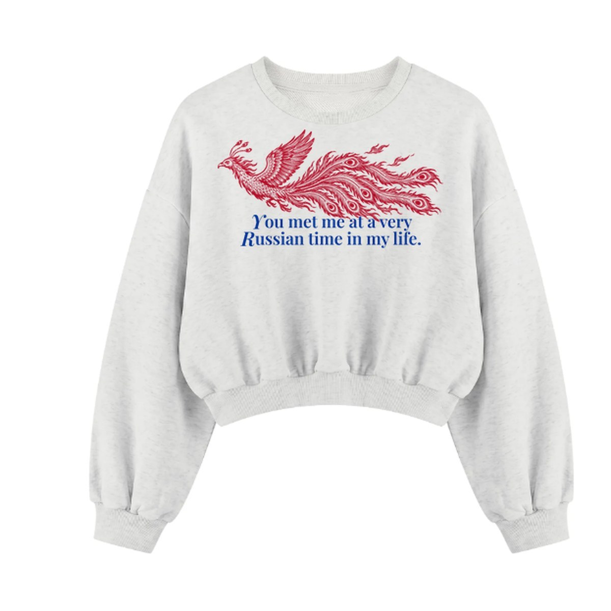 Oat-grauer Cropped Sweater mit rotem Feuervogel und dem Spruch you met me at a very Russian time in my life in Blau