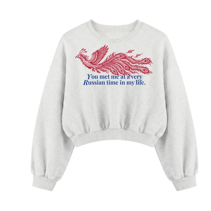 Oat-grauer Cropped Sweater mit rotem Feuervogel