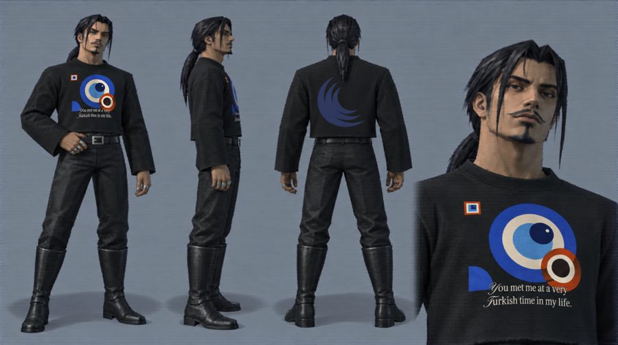 AI-generated character sheet: the host of CH 01, a man with a long ponytail and moustache, in the black 480inc boxy sweatshirt — front, side and back view and a close-up of the front print