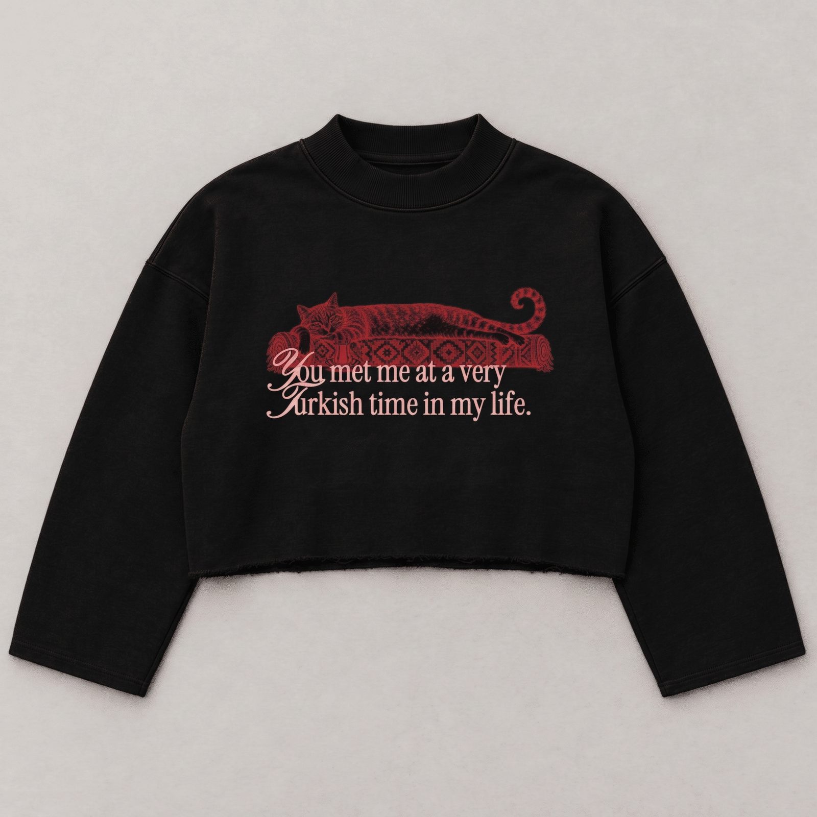 Schwarzes Boxy Sweatshirt mit roter Katze auf Kelim und dem Spruch you met me at a very Turkish time in my life