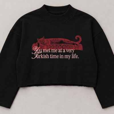 Black boxy 480inc sweatshirt with a red cat on a kilim and the line you met me at a very Turkish time in my life