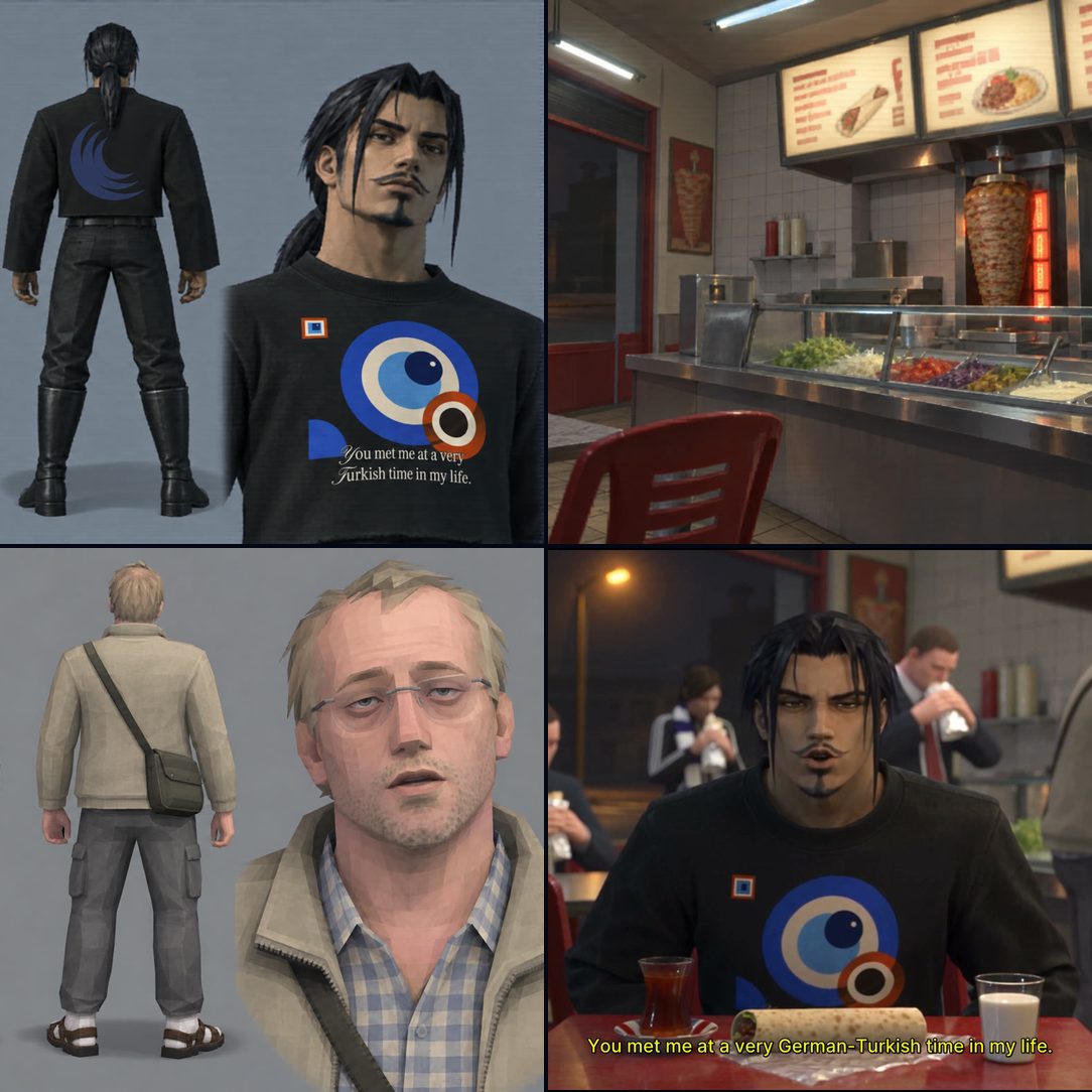 Four frames from the course: the Host character sheet, an empty döner shop, a side character and the finished cutscene frame