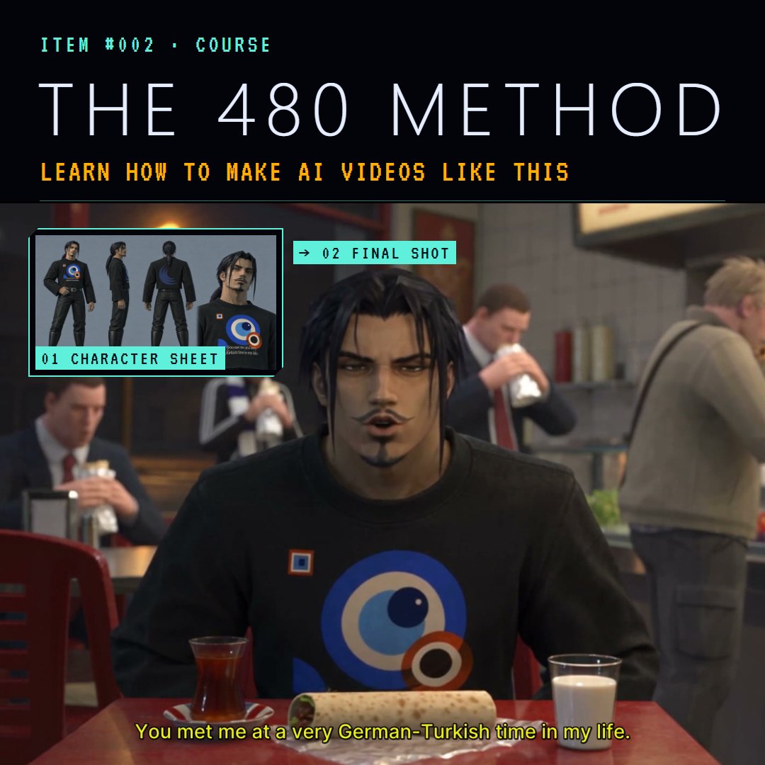 The 480 Method: the Host at the döner table from Cutscene 001, with his character sheet as a small inset