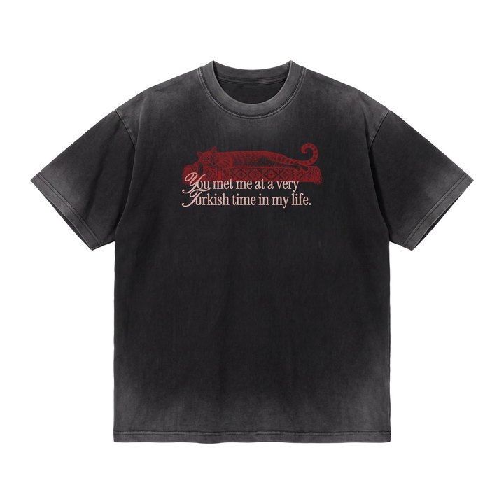 Sun-faded schwarzes Boxy T-Shirt mit roter Katze auf Kelim, freigestellt