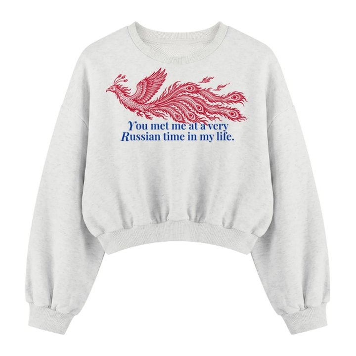 Oat-grauer Cropped Sweater mit rotem Feuervogel, freigestellt