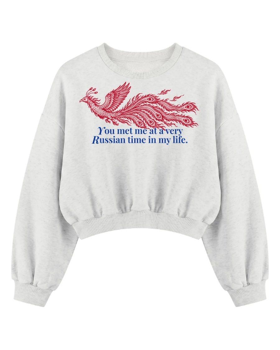 Oat-grauer Cropped Sweater mit rotem Feuervogel, freigestellt